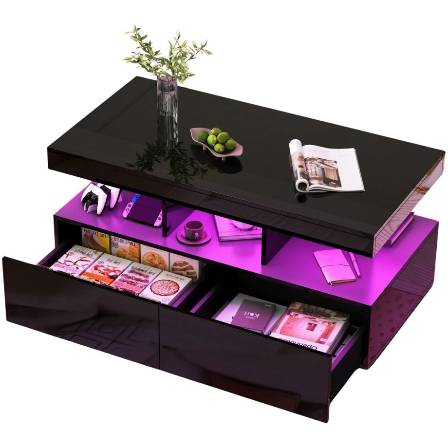 DoneMore® - salontafel - woonkamertafel - hoogglans met LED - 2 lades en open vak - wit MDF - 140 x 53 x 46 cm - 50 kg afbeelding 1