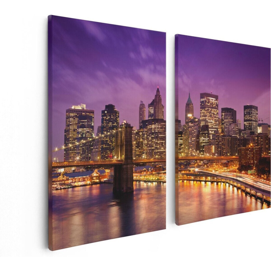 Artaza Canvas Schilderij Tweeluik Skyline New York Van Centrum In Het Paars - 80x60 - Foto Op Canvas - Canvas Print afbeelding 1