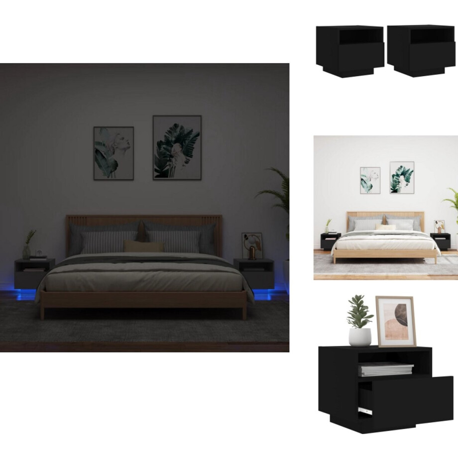 vidaXL Nachtkastje - Nachtkastjes - Nachtkastje Met LED - Nachtkastje Met LED-verlichting - Nachtkastjess met LED-verlichting 2 st 40x39x37 cm zwart afbeelding 1