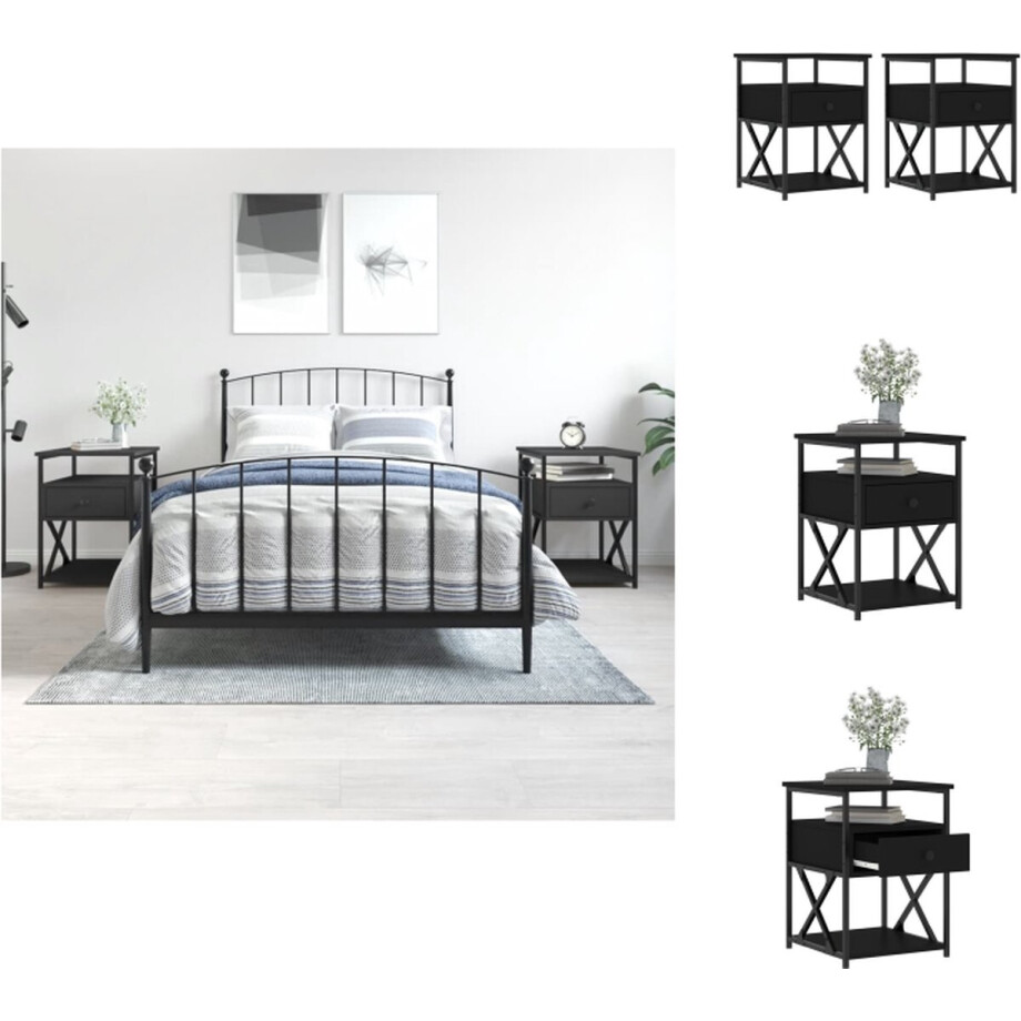 vidaXL Nachtkastje - Nachtkastjes - Kast - Slaapkamermeubel - Nachtkastjes 2 st 40x42x55 cm bewerkt hout zwart afbeelding 1