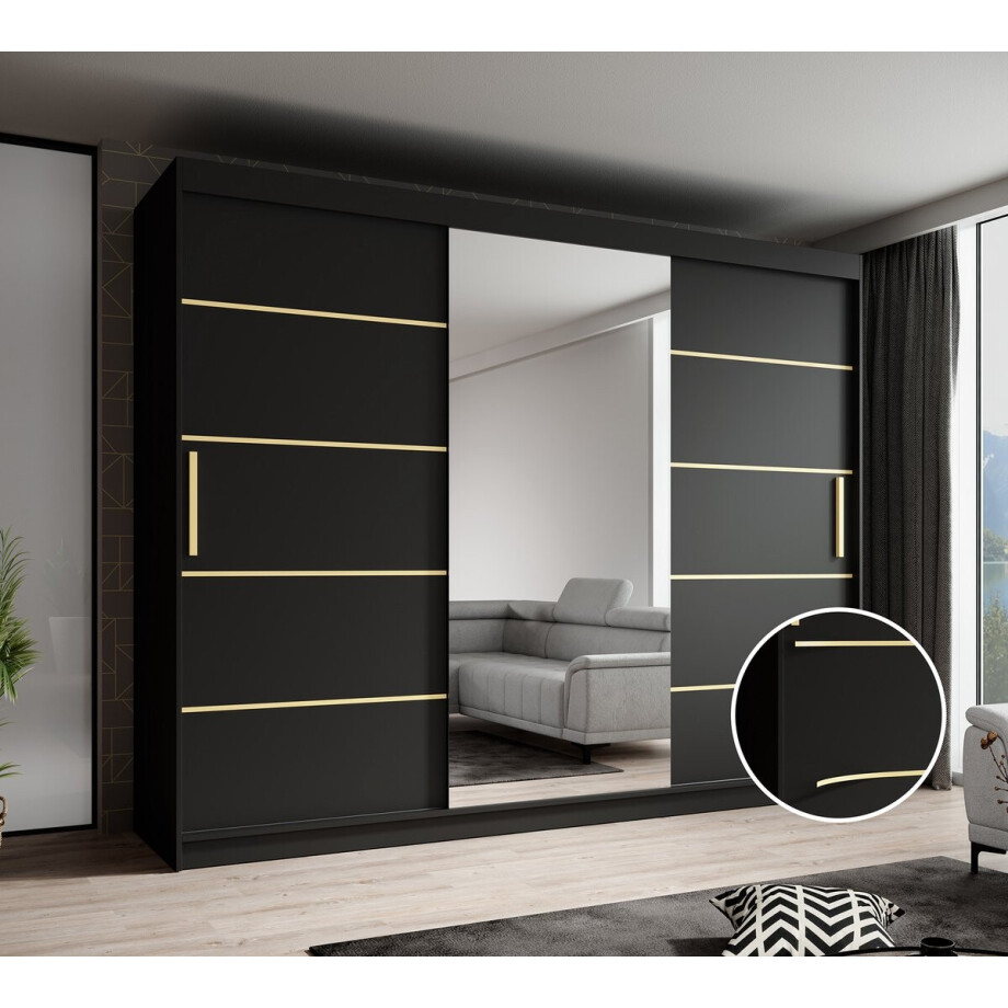 Meubella - Kledingkast Malavi 2 - Zwart - 250 cm - Met spiegel afbeelding 1