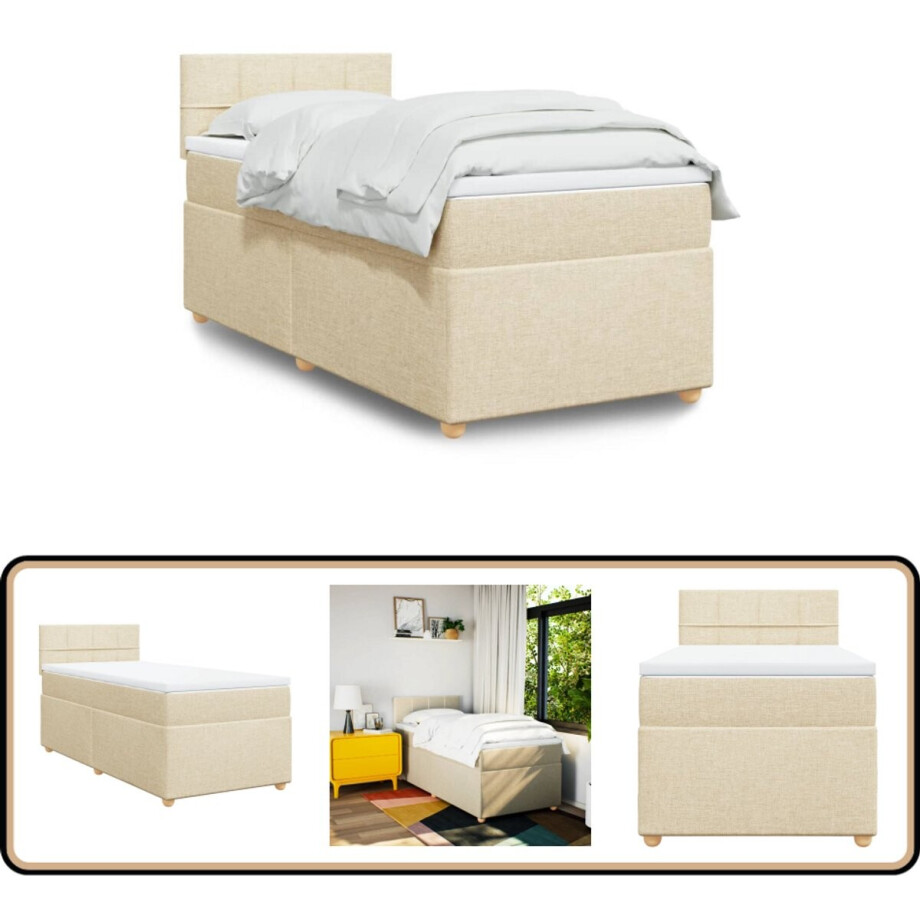 vidaXL Boxspring met matras stof crèmekleurig 90x200 cm afbeelding 1