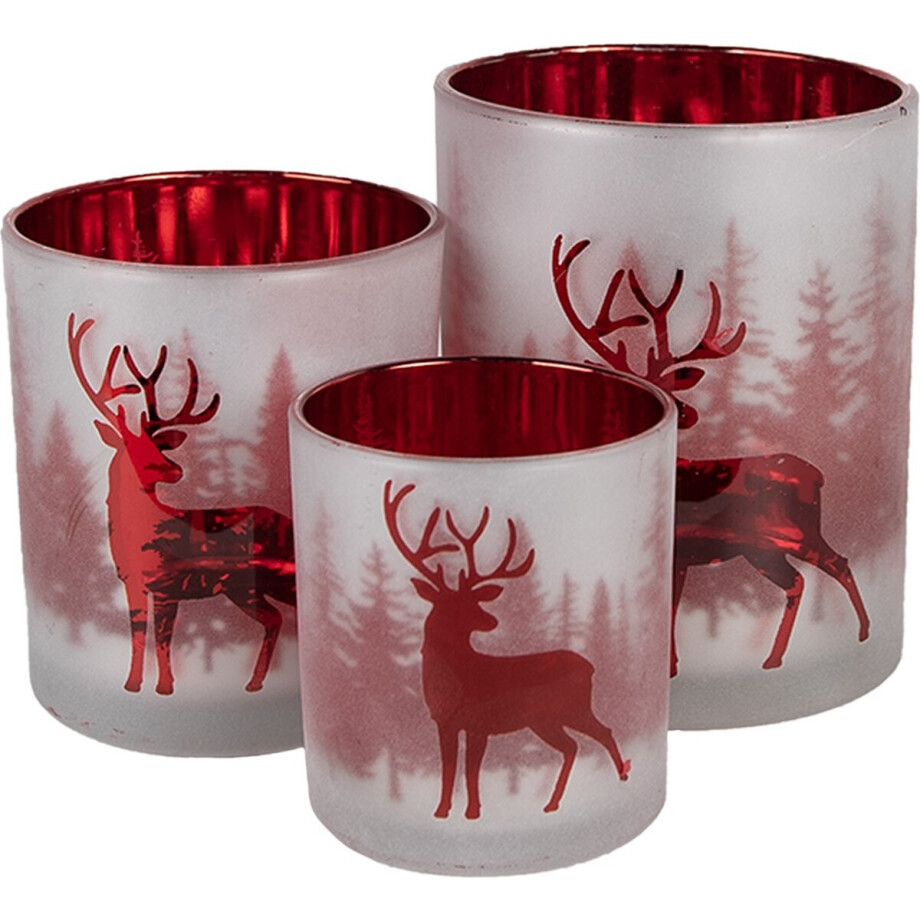 Clayre & Eef Theelichthouder Set van 3 Wit Rood Glas Hert afbeelding 1