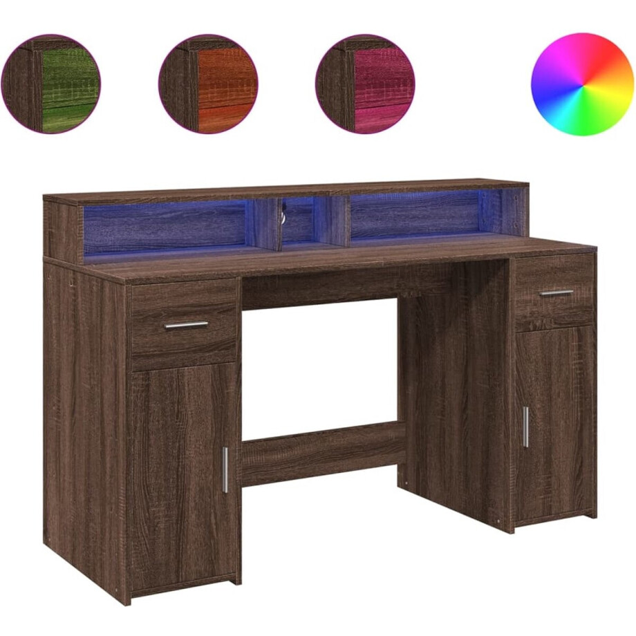 vidaXL - Bureau - met - LED-verlichting - 140x55x91 - cm - hout - bruin - eikenkleurig vidaXL - Bureau - met - LED-verlichting - 140x55x91 - cm - hout - bruin - eikenkleurig afbeelding 1