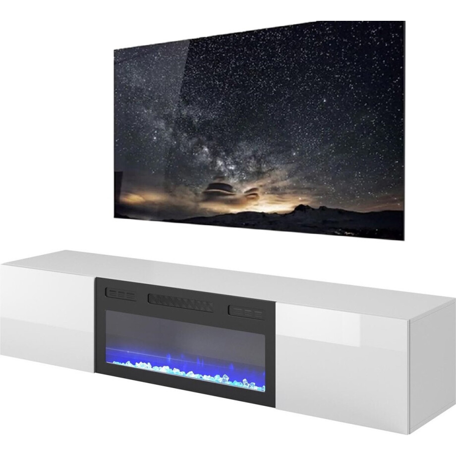 Zwevend Tv-meubel Livo 180 cm breed wit met sfeerhaard Zwevend Tv-meubel Livo 180 cm breed wit met sfeerhaard afbeelding 1
