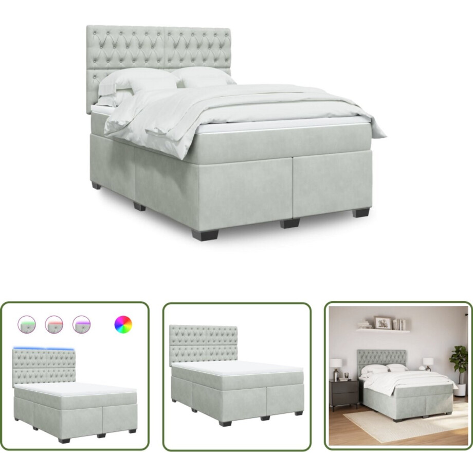 vidaXL Boxspring Bed - Boxspring - Boxspring met matras fluweel lichtgrijs 140x190 cm - Fluweel Bed - Grijs Bed - Tweepersoons Bed afbeelding 1