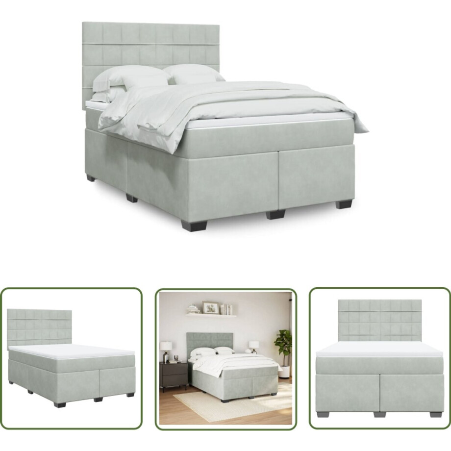 vidaXL Slaapcomfort - Boxspring - Boxspring met matras fluweel lichtgrijs 160x200 cm - Matras - Fluweel - Bed Frame afbeelding 1