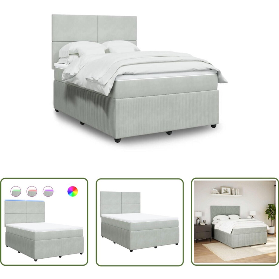 vidaXL Slaapcomfort - Boxspring - Boxspring met matras fluweel lichtgrijs 160x200 cm - Fluweel - Mattress - Led Verlichting afbeelding 1