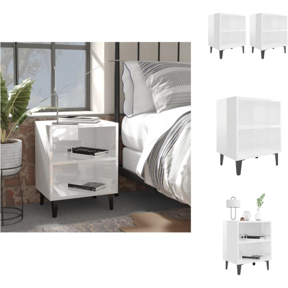 vidaXL Nachtkastje - Nachtkastjes - Slaapkamerkastje - Slaapkamerkastjes - Nachtkastjes 2 st met metalen poten 40x30x50 cm hoogglans wit afbeelding 1