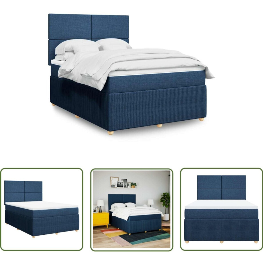 vidaXL Boxspringbed - Boxspring - Boxspring met matras stof blauw 160x200 cm - Matras - Pocketveringmatras - Hoofdbord afbeelding 1