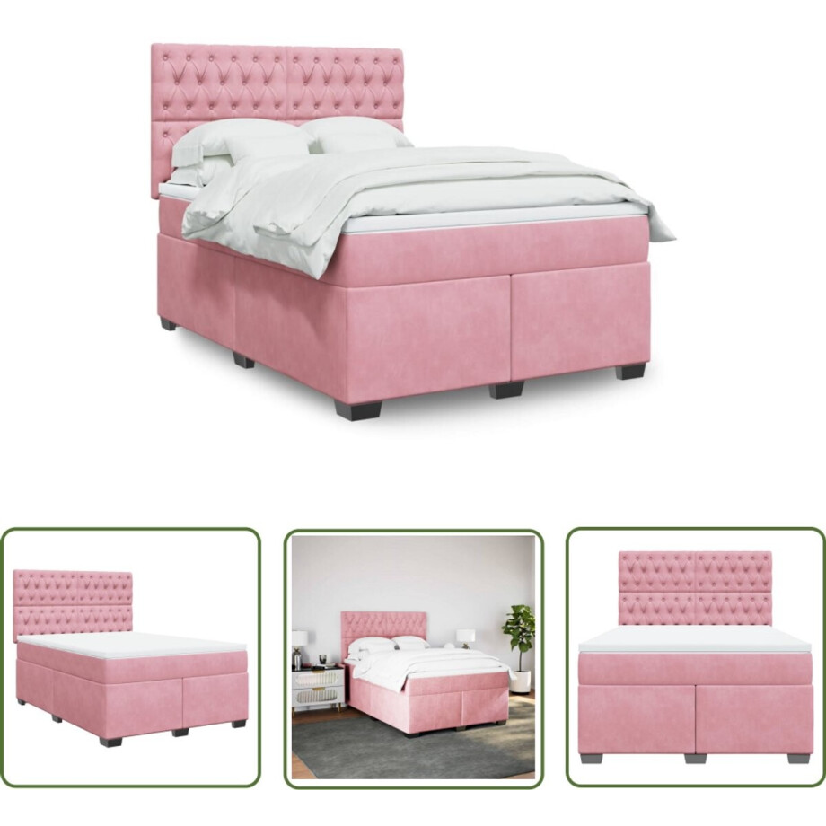 vidaXL Fluweel Bed - Boxspring - Boxspring met matras fluweel roze 140x200 cm - Roze Bed - Boxspring Set - Matras afbeelding 1