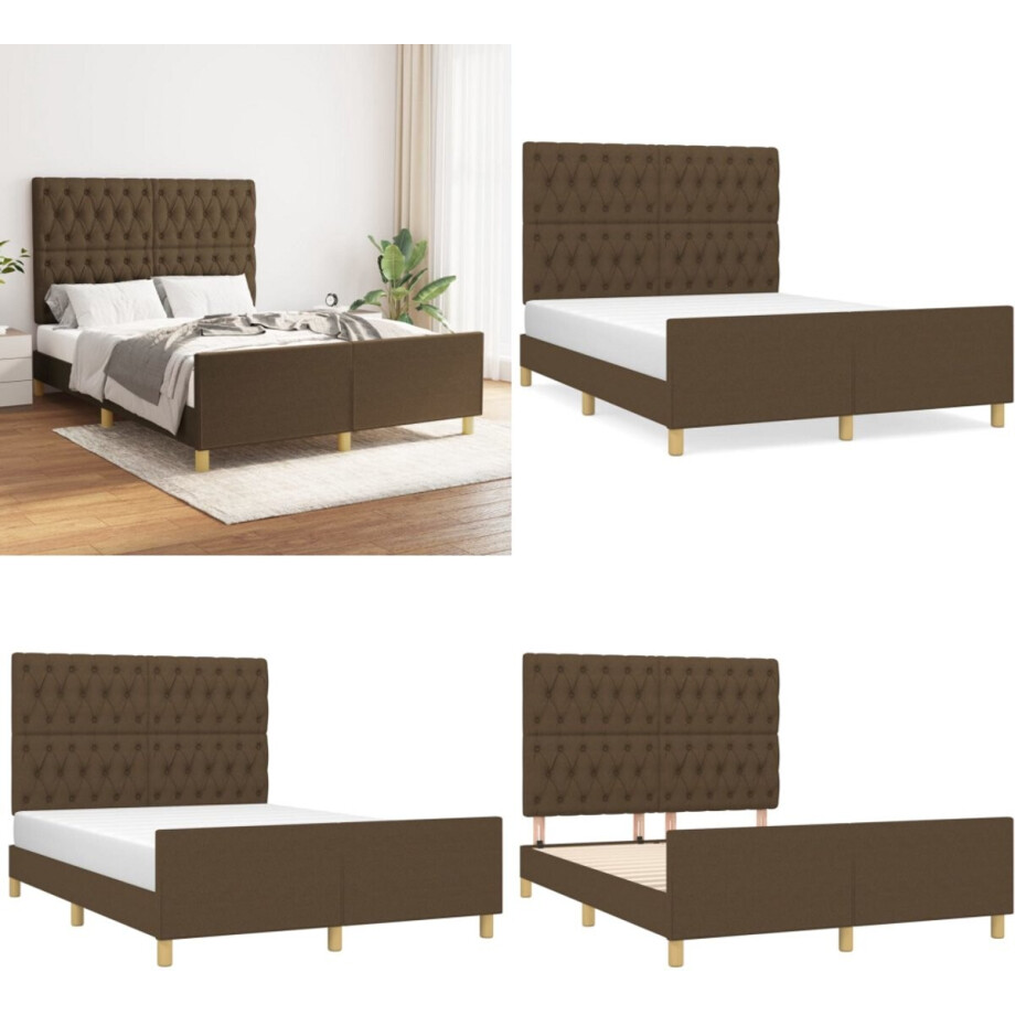 vidaXL Bedframe zonder matras stof donkerbruin 140x200 cm - Bedframe Met Hoofdeinde - Bedframes Met Hoofdeindes - Bed - Slaapmeubel afbeelding 1