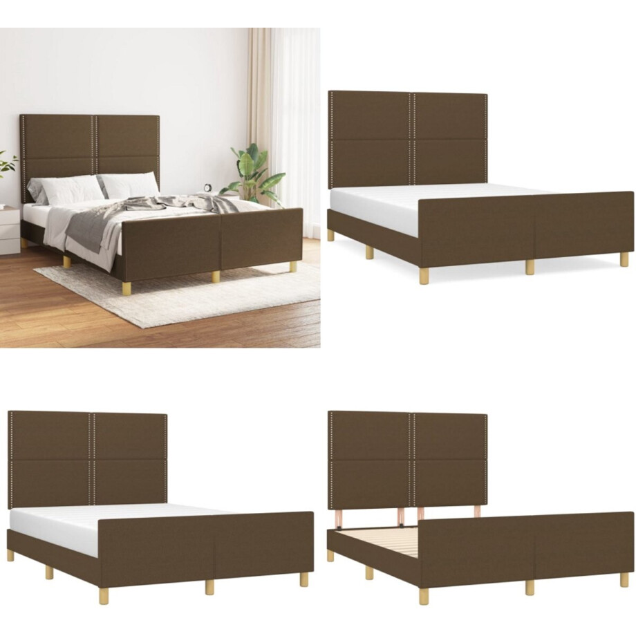 vidaXL Bedframe zonder matras stof donkerbruin 140x190 cm - Bedframe Met Hoofdeinde - Bedframes Met Hoofdeindes - Bed - Slaapmeubel afbeelding 1