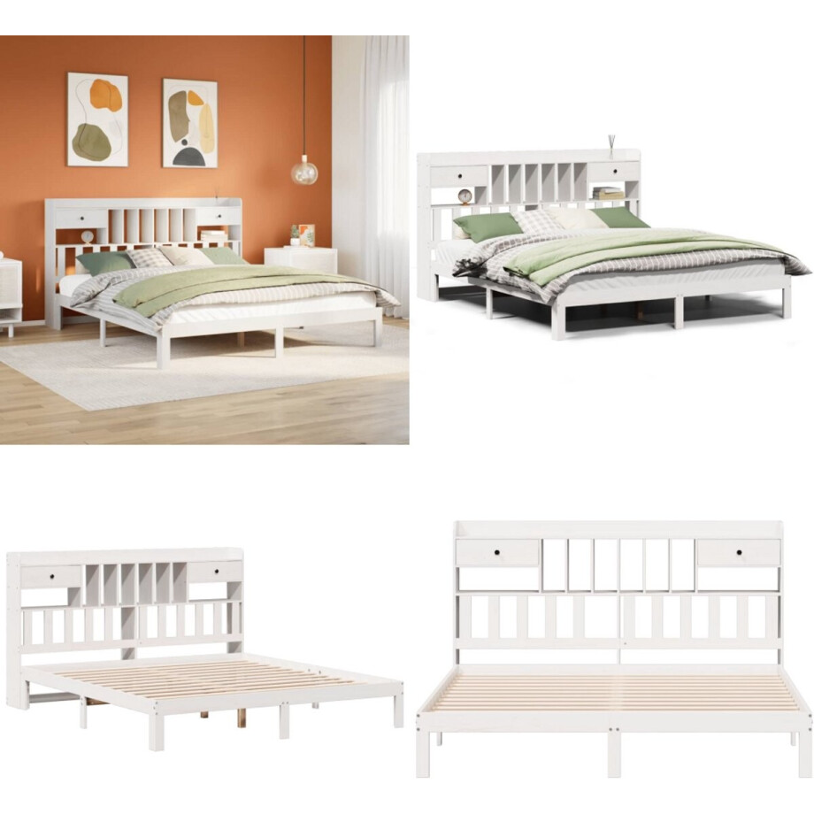 vidaXL Bed met boekenkast zonder matras grenenhout wit 180x200 cm - Boekenkastbed - Boekenkastbedden - Bed - Tweepersoonsbed vidaXL Bed met boekenkast zonder matras grenenhout wit 180x200 cm - Boekenkastbed - Boekenkastbedden - Bed - Tweepersoonsbed afbeelding 1
