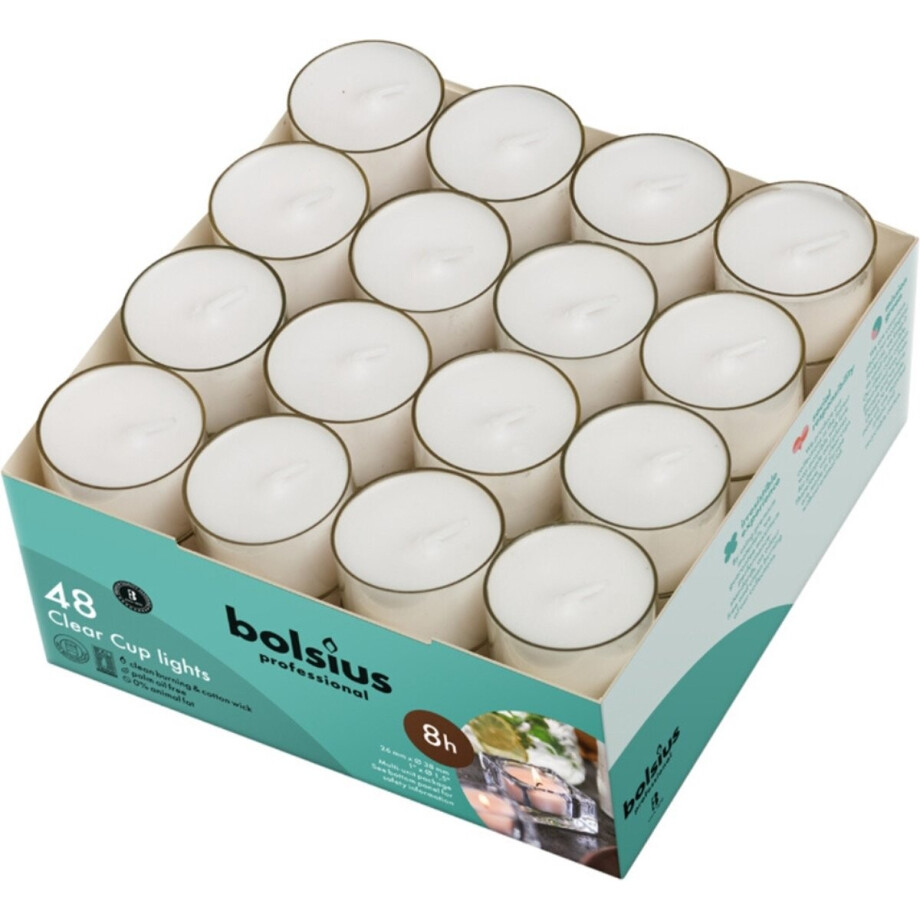 Bolsius Professional Waxinelichtjes / Clear cups lights - 48 Stuks - Wit - 8 branduren Bolsius Professional Waxinelichtjes / Clear cups lights - 48 Stuks - Wit - 8 branduren afbeelding 1