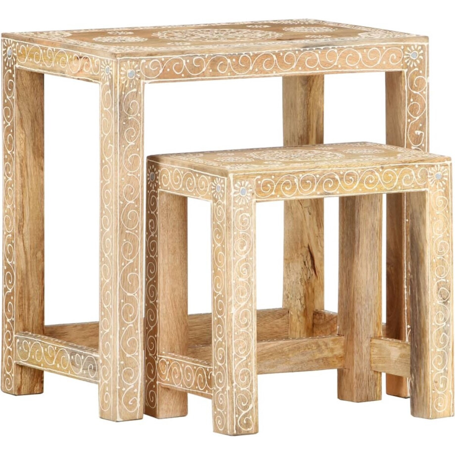 vidaXL - 2-delige - Bijzettafeltjesset - handgeschilderd - massief - mangohout vidaXL - 2-delige - Bijzettafeltjesset - handgeschilderd - massief - mangohout afbeelding 1