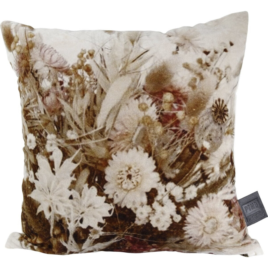 PTMD Charlet vierkant kussen - 45 x 10 x 45 cm - kantoen fluweel creme gedroogde bloemen sierkussen afbeelding 1
