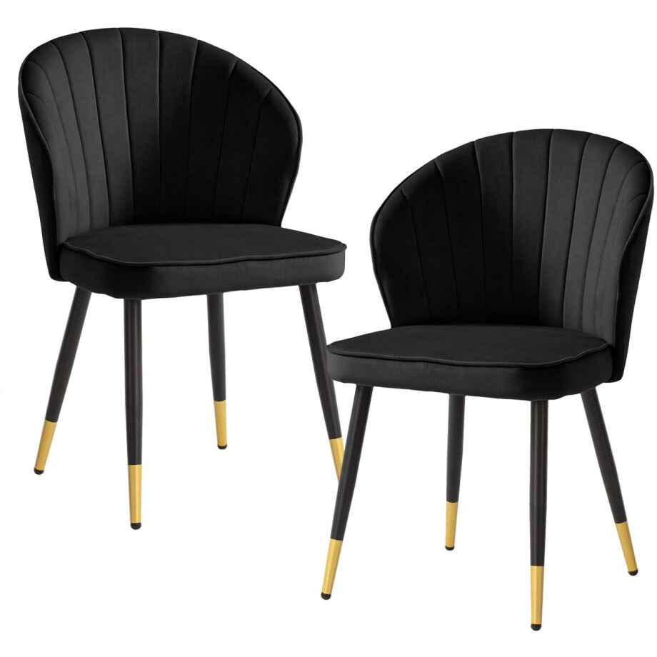 Eetkamerstoel set van 2 fluwelen zwarte keukenstoel met metalen poten, schelpstoel Scandinavisch design, gestoffeerde stoel met stoffen bekleding, stoel gestoffeerd afbeelding 1