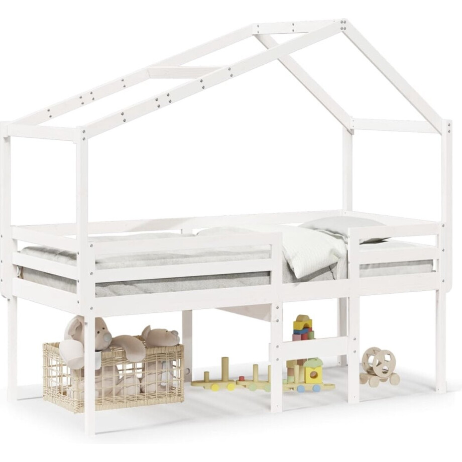 vidaXL - Hoogslaper - met - dak - massief - grenenhout - wit - 90x190 - cm vidaXL - Hoogslaper - met - dak - massief - grenenhout - wit - 90x190 - cm afbeelding 1