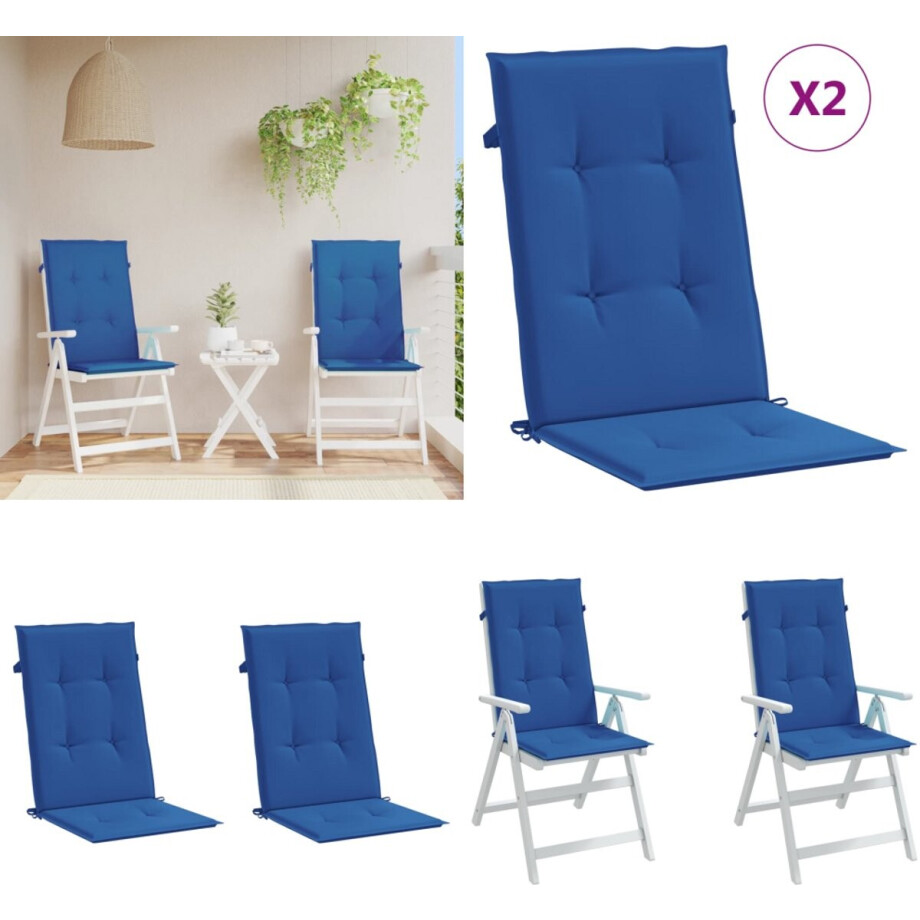 vidaXL Tuinstoelkussens 2 st hoge rug 120x50x3 cm stof koningsblauw - Kussen - Kussens - Zitkussen - Stoelkussen afbeelding 1