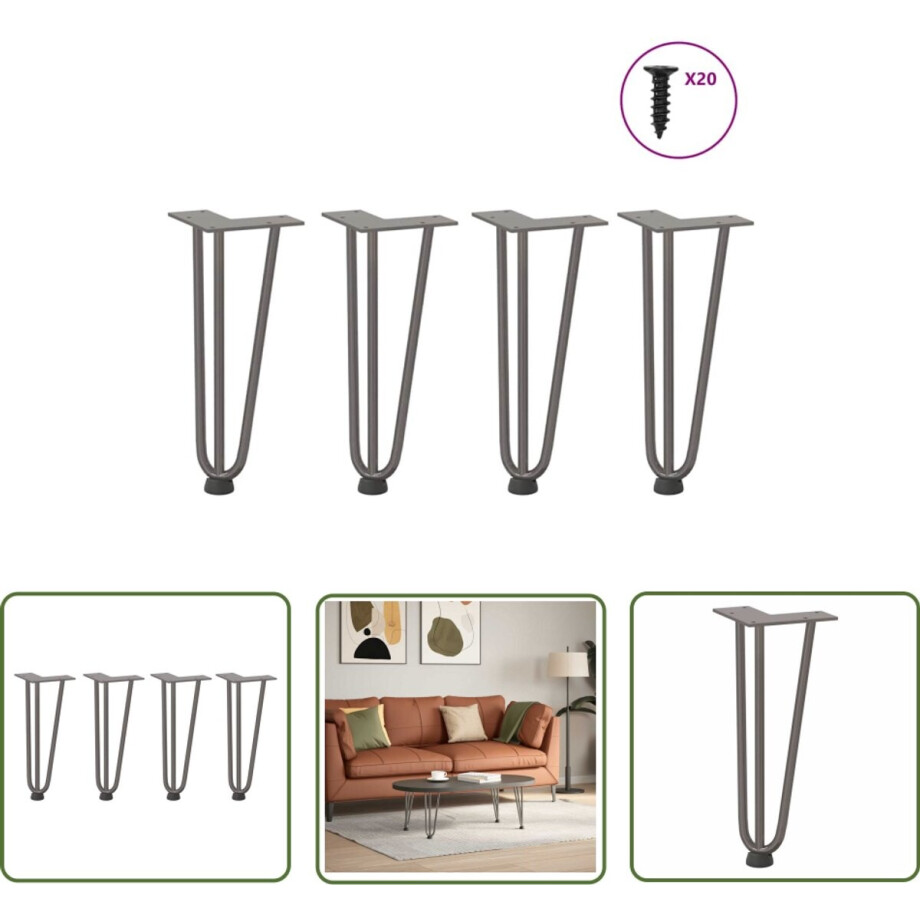 vidaXL Tafelpoten Staal - Haarspeld Tafelpoten - Haarnadelpoten voor Salontafel 4 st 30 cm massief staal naturel - Industriële Tafelpoten - Vintage Tafelpoten - Modern Tafelpoten afbeelding 1