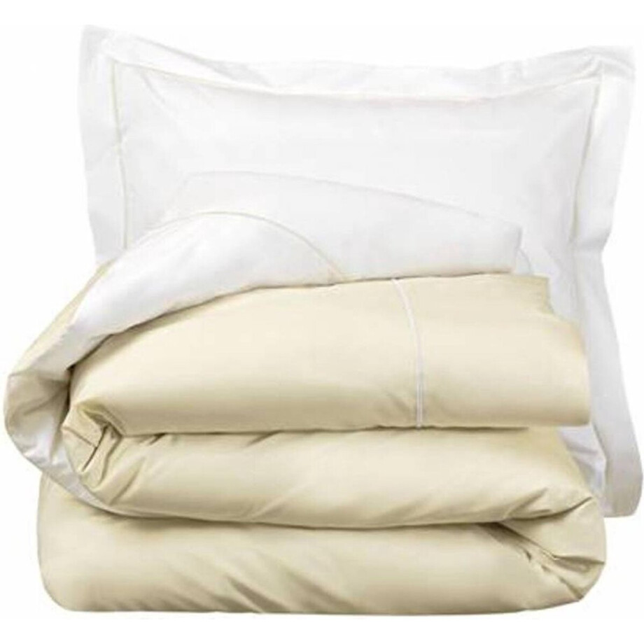 De Witte Lietaer Dekbedovertrek Katoen Perkal, Bumblebee White / Beige Sand - 140 x 200 + 60 x 70 cm De Witte Lietaer Dekbedovertrek Katoen Perkal, Bumblebee White / Beige Sand - 140 x 200 + 60 x 70 cm afbeelding 1