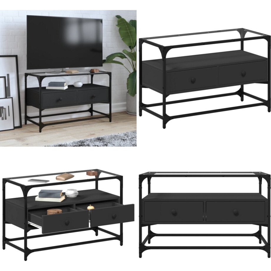 vidaXL Tv-meubel met glazen blad 80x35x51 cm bewerkt hout zwart - Tv-meubel - Tv-meubelen - Tv Kast - Opbergkast afbeelding 1