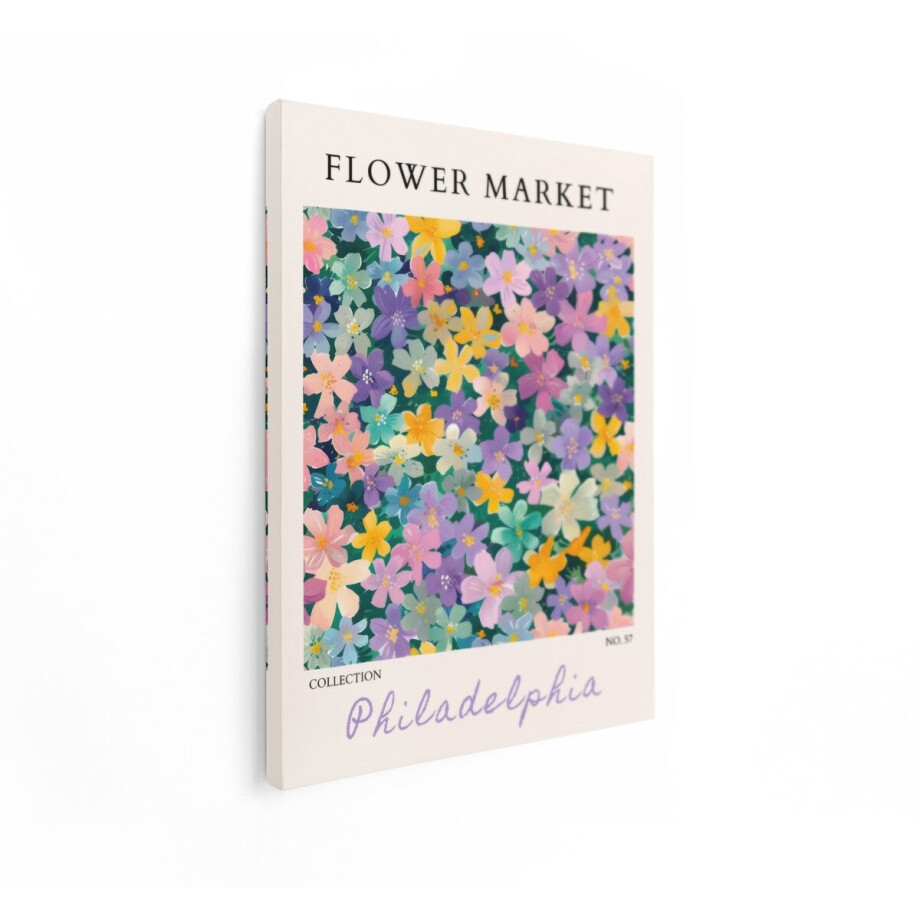 Artaza Canvas Schilderij Kleurrijke Bloemenprint met 'Flower Market' en 'Philadelphia' Tekst - 90x120 cm - Groot - Wanddecoratie Woonkamer - Schilderijen - Muurdecoratie afbeelding 1