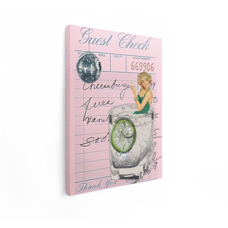 Artaza Canvas Schilderij Retro Diner-Gastcheck met Discobal en Cocktail - Vintage Stijl - 30x40 cm - Klein - Wanddecoratie Woonkamer - Schilderijen - Muurdecoratie afbeelding 1