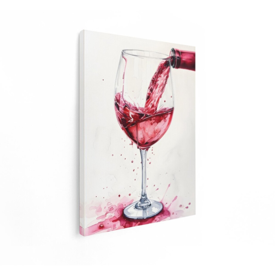Artaza Canvas Schilderij Levendige Aquarel van Rode Wijn Die in een Glas Wordt Geschonken - met Spatten - 60x80 cm - Wanddecoratie Woonkamer - Schilderijen - Muurdecoratie afbeelding 1