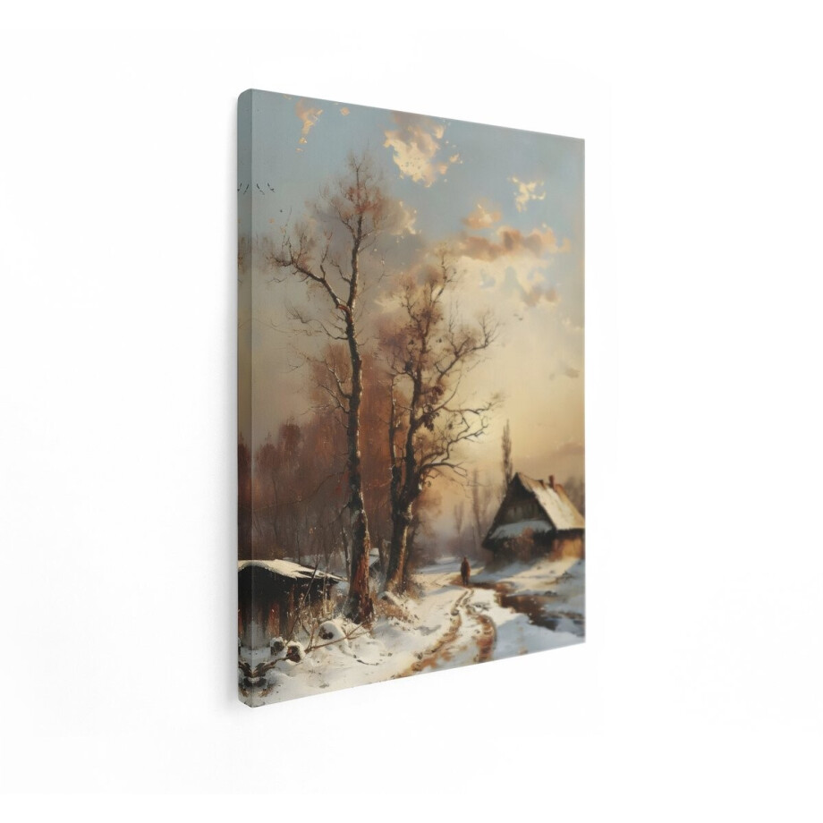 Artaza Canvas Schilderij Schilderachtig Winterlandschap met een Eenzame Wandelaar op een Besneeuwd Pad - 90x120 cm - Groot - Wanddecoratie Woonkamer - Schilderijen - Muurdecoratie afbeelding 1