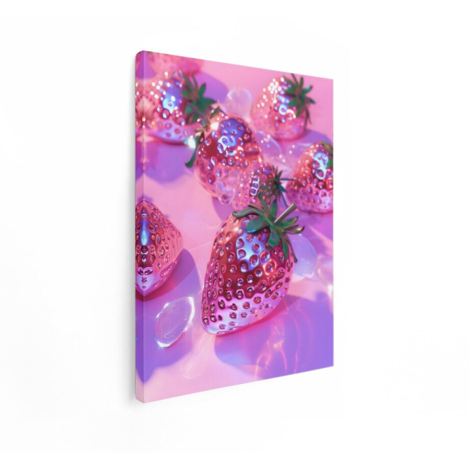Artaza Canvas Schilderij Glanzende Roze Aardbeien met Waterdruppels op een Zachte Achtergrond - 30x40 cm - Klein - Wanddecoratie Woonkamer - Schilderijen - Muurdecoratie afbeelding 1