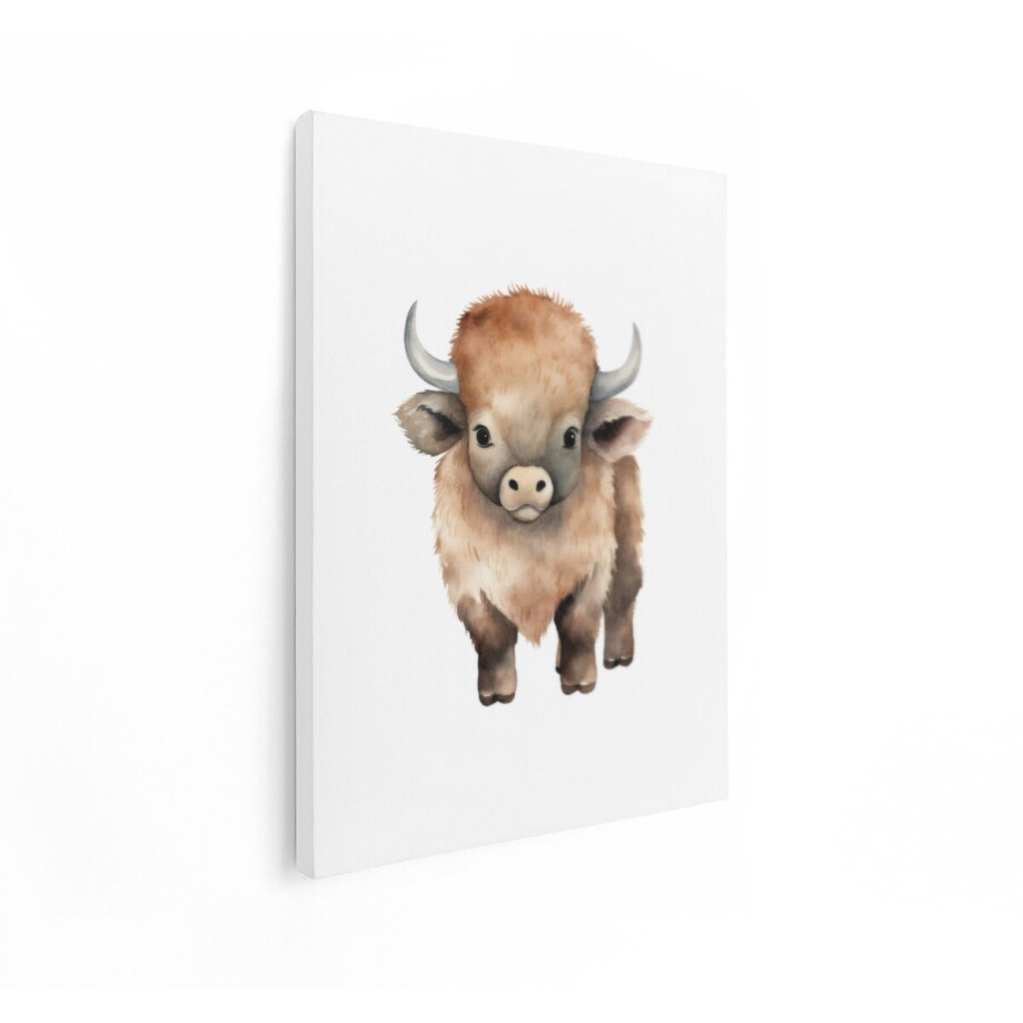 Artaza Canvas Schilderij Baby Bizon - 90x120 cm - Wanddecoratie Kinderkamer - Muurdecoratie Babykamer Dieren - Decoratie Jongenskamer Waterverf afbeelding 1