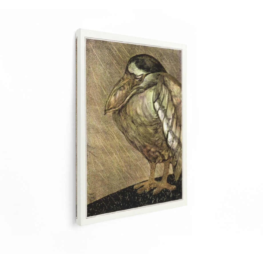 Artaza Canvas Schilderij Een Trieste Vogel Die in de Regen Staat - met Gesloten Ogen en een Gebogen Nek - 30x40 cm - Klein - Wanddecoratie Woonkamer - Schilderijen - Muurdecoratie afbeelding 1