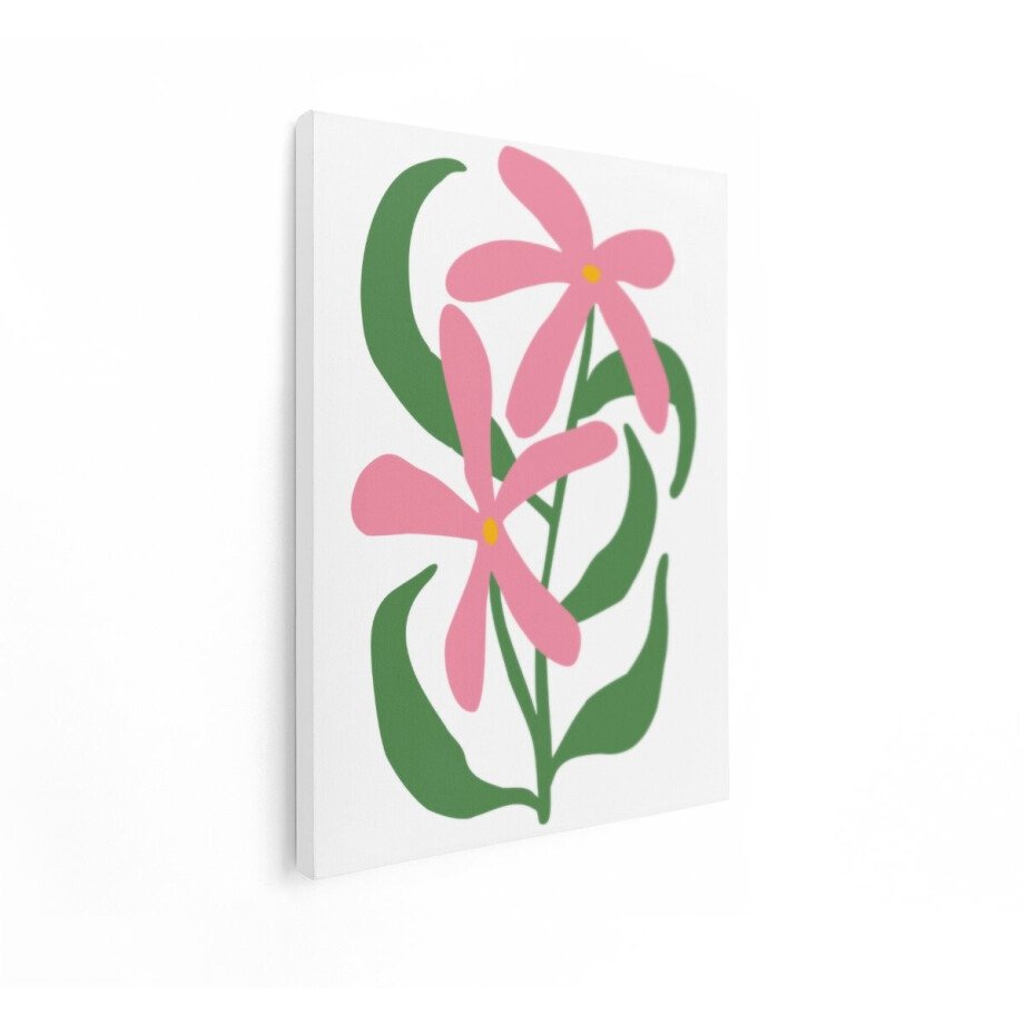 Artaza Canvas Schilderij Abstracte Roze Bloemen met Groene Bladeren op Witte Achtergrond - 60x80 cm - Wanddecoratie Woonkamer - Schilderijen - Muurdecoratie afbeelding 1