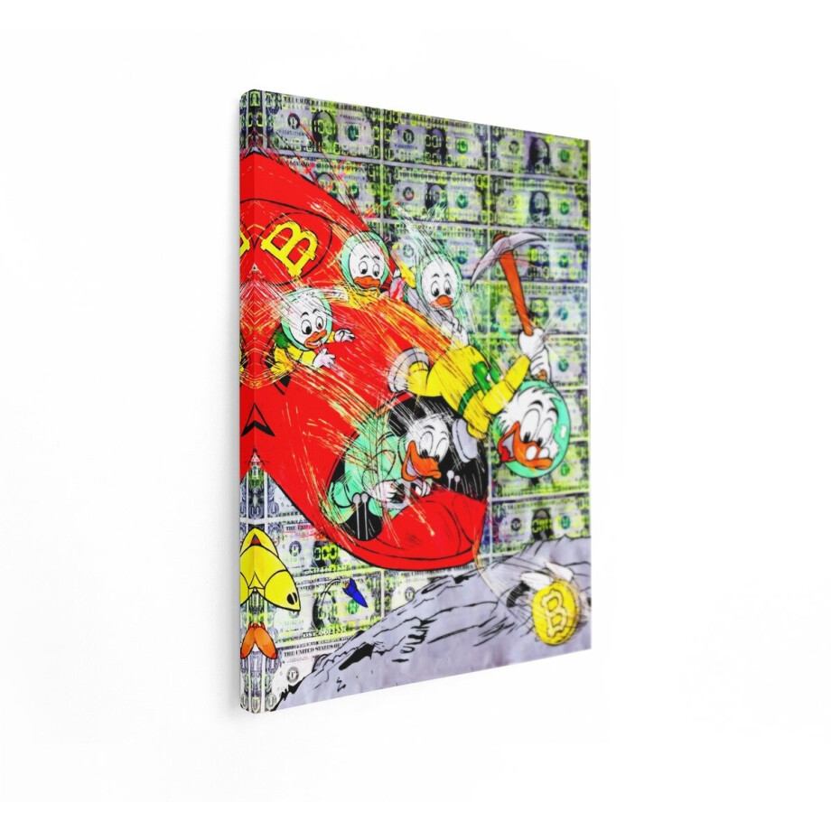 Artaza Canvas Schilderij De Eendenfamilie Ontdekt Bitcoin tijdens een Ruimtemissie Te Midden van Dollars - 90x120 cm - Groot - Wanddecoratie Woonkamer - Schilderijen - Muurdecoratie afbeelding 1