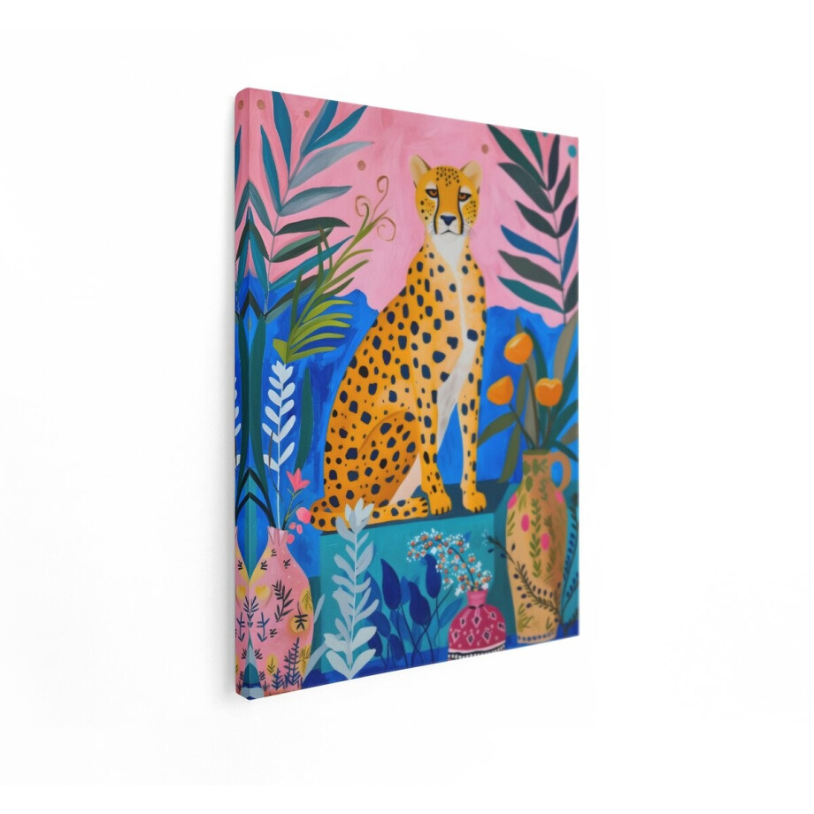 Artaza Canvas Schilderij Kleurrijke Luipaardillustratie met Tropische Planten en Vazen - 60x80 cm - Wanddecoratie Woonkamer - Schilderijen - Muurdecoratie afbeelding 1
