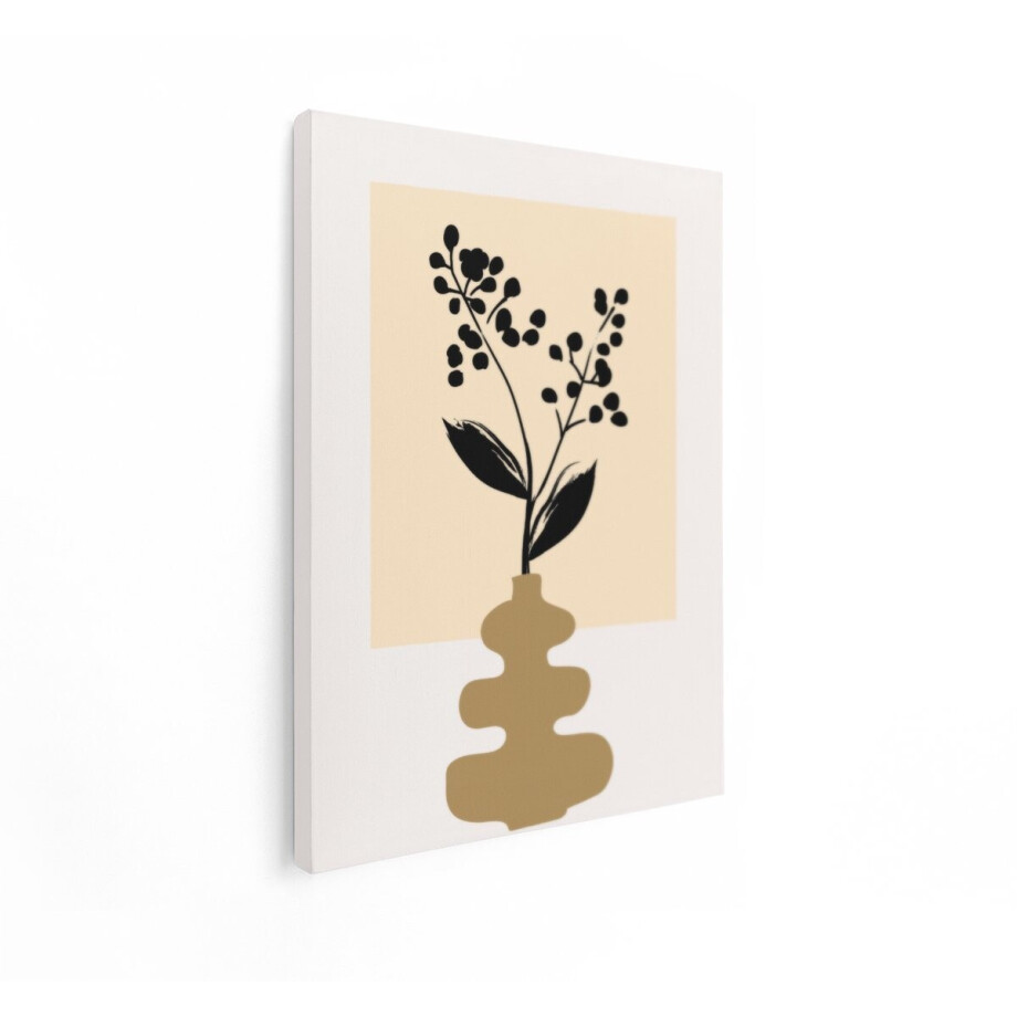 Artaza Canvas Schilderij Moderne Zwarte Tak met Bessen in een Abstracte Vaas op Beige Achtergrond - 30x40 cm - Klein - Wanddecoratie Woonkamer - Schilderijen - Muurdecoratie afbeelding 1