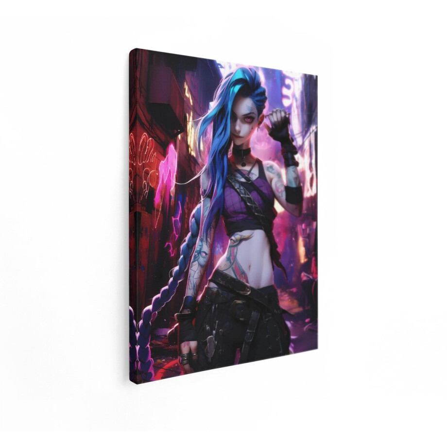 Artaza Canvas Schilderij Jinx - 90x120 cm - Wanddecoratie Anime Vrouw - Muurdecoratie Gaming - League Of Legends - Neon Blauw afbeelding 1