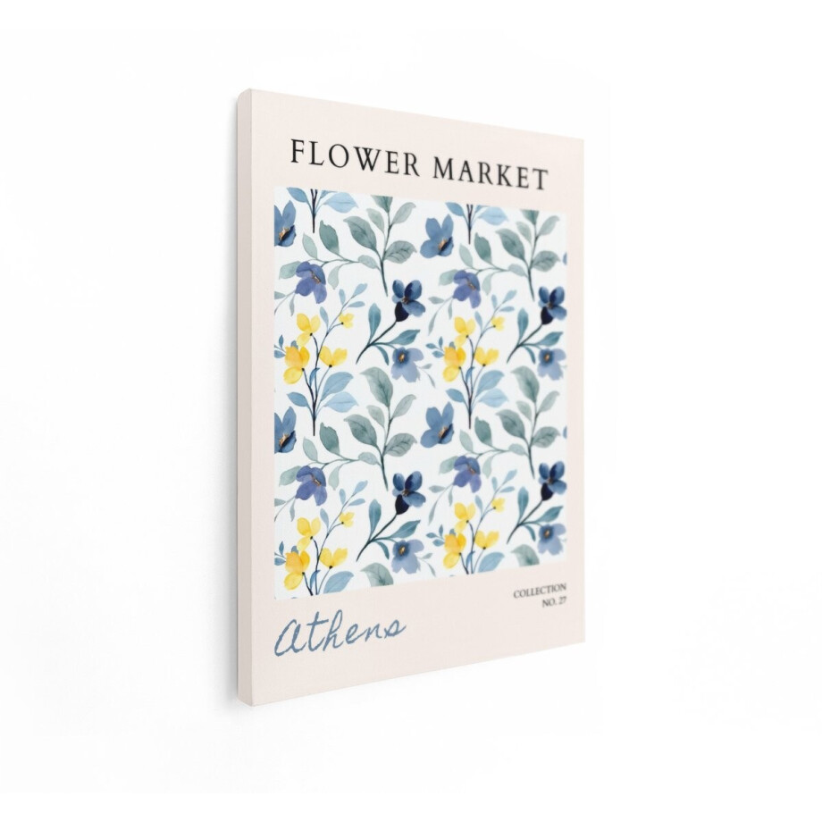 Artaza Canvas Schilderij Bloemen - 90x120 cm - Wanddecoratie Aquarel Bloemenpatroon - Muurdecoratie Flower Market - Decoratie Woonkamer Blauw afbeelding 1