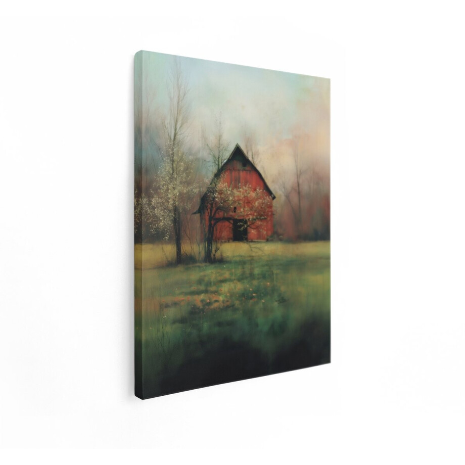 Artaza Canvas Schilderij Landschap - 30x40 cm - Wanddecoratie Landelijk - Muurdecoratie Natuur - Decoratie Rode Schuur Boom afbeelding 1