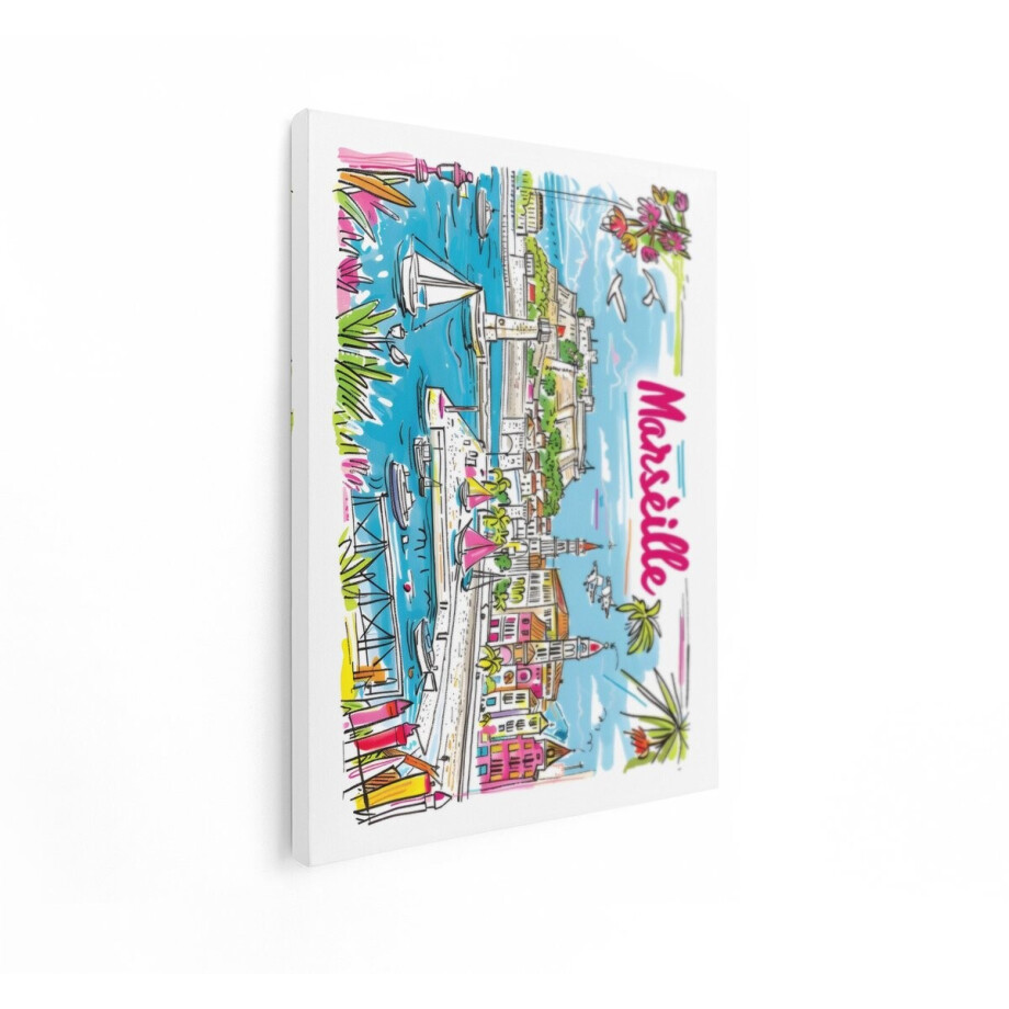 Artaza Canvas Schilderij Vrolijke Illustratie van de Haven van Marseille met Boten en Gebouwen - 90x120 cm - Groot - Wanddecoratie Woonkamer - Schilderijen - Muurdecoratie afbeelding 1