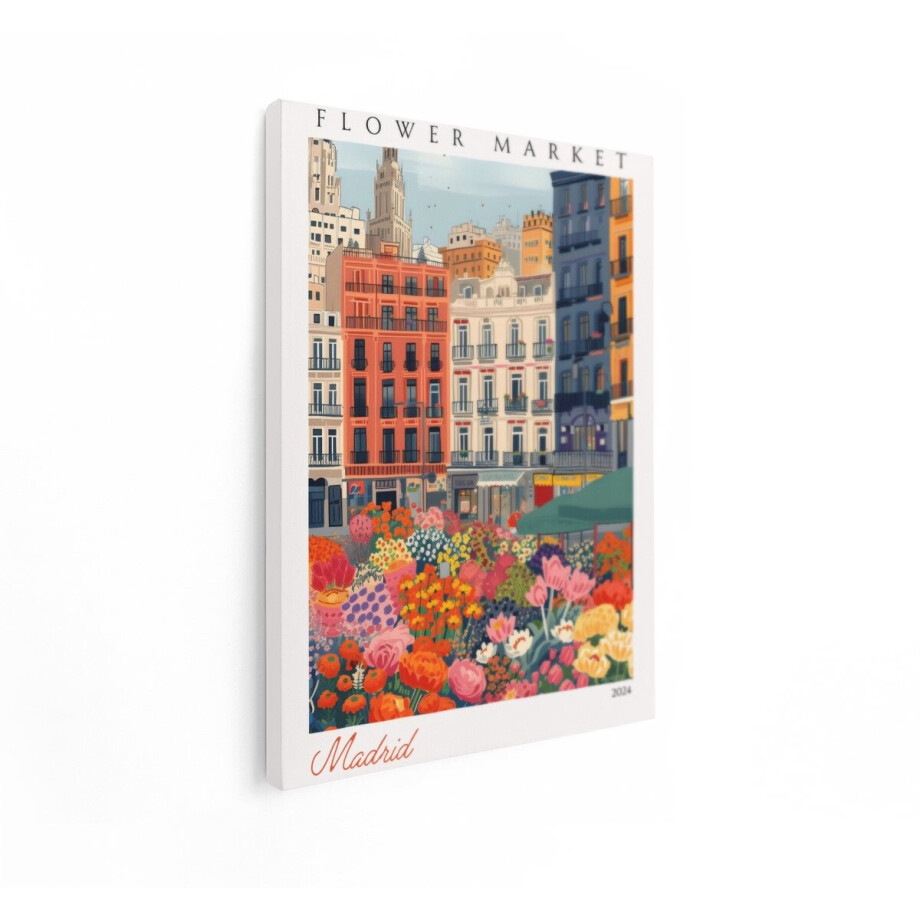 Artaza Canvas Schilderij Levendige Bloemenmarkt in Madrid met Kleurrijke Gebouwen op de Achtergrond - 60x80 cm - Wanddecoratie Woonkamer - Schilderijen - Muurdecoratie afbeelding 1