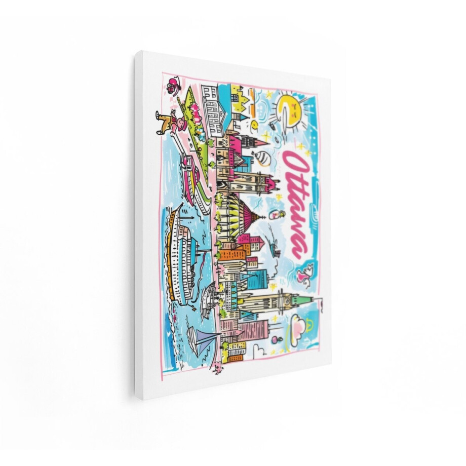 Artaza Canvas Schilderij Vrolijke Illustratie van de Skyline van Ottawa met Iconische Gebouwen en Boten - 60x80 cm - Wanddecoratie Woonkamer - Schilderijen - Muurdecoratie afbeelding 1