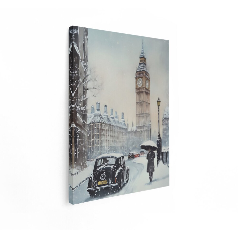 Artaza Canvas Schilderij Iconisch Londen met Sneeuwval en Klassieke Auto'S bij Big Ben - 90x120 cm - Groot - Wanddecoratie Woonkamer - Schilderijen - Muurdecoratie afbeelding 1