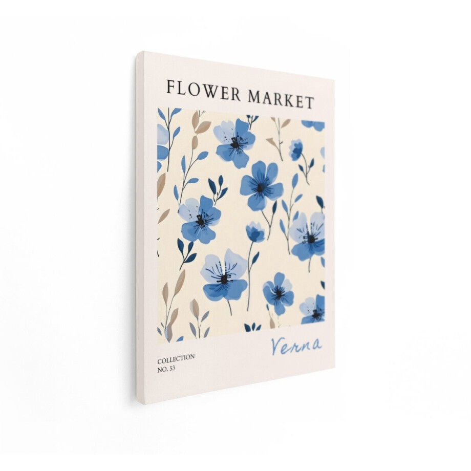 Artaza Canvas Schilderij Bloemenmarkt Poster met Blauwe Bloemen en Planten - Collectie 53 - 90x120 cm - Groot - Wanddecoratie Woonkamer - Schilderijen - Muurdecoratie afbeelding 1