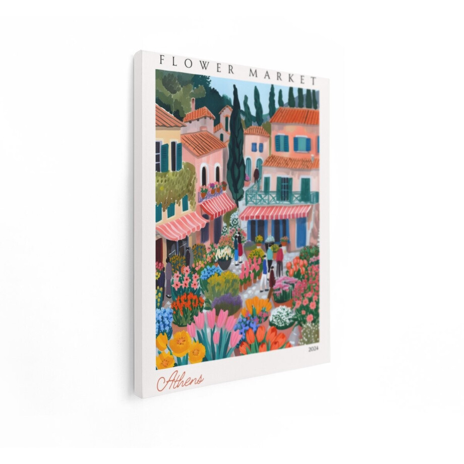 Artaza Canvas Schilderij Levendige Bloemenmarkt in Athene met Traditionele Architectuur en Mensen - 60x80 cm - Wanddecoratie Woonkamer - Schilderijen - Muurdecoratie afbeelding 1