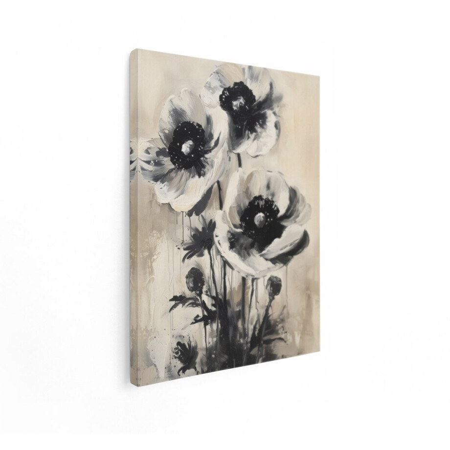 Artaza Canvas Schilderij Abstracte Schilderij van Klaprozen in Zwart-Wit met Druipende Verf - 60x80 cm - Wanddecoratie Woonkamer - Schilderijen - Muurdecoratie afbeelding 1