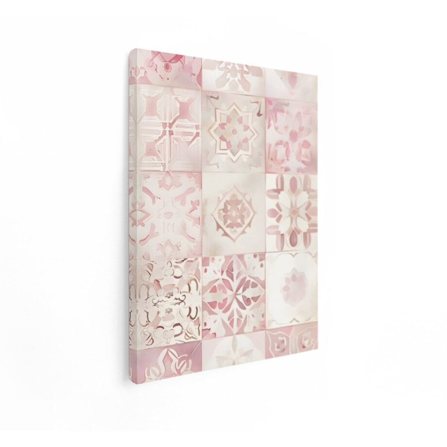 Artaza Canvas Schilderij Fijne Roze Bloemmotieven op Vierkante Tegels - Zacht Aquarel-Effect - 90x120 cm - Groot - Wanddecoratie Woonkamer - Schilderijen - Muurdecoratie afbeelding 1