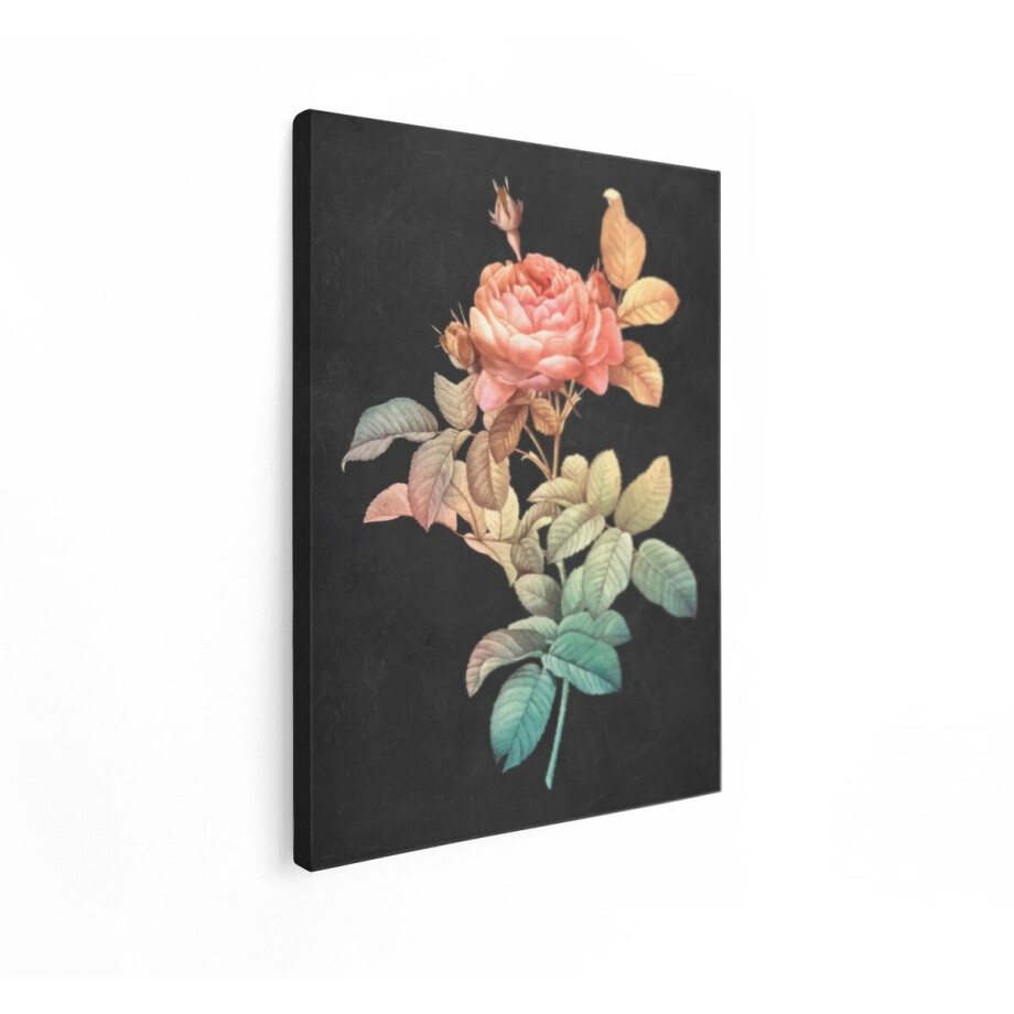 Artaza Canvas Schilderij Vintage Roze Roos met Bladeren op een Donkere Achtergrond - 60x80 cm - Wanddecoratie Woonkamer - Schilderijen - Muurdecoratie afbeelding 1